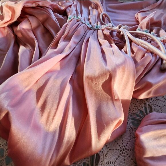 Vintage 50s Pink Satin Robe Puff Sleeve Maxi Waistband Cottagecore Fairy Vday - Picture 17 of 17
